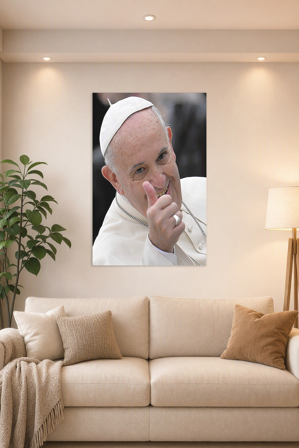 Pope Francis in a bright living room above a beige sofa.