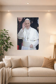 Pope Francis in a bright living room above a beige sofa.