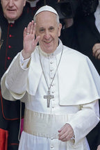 Pope Francis wall art print portrays the smiling pontiff in white papal robes and skullcap, raising one hand in greeting.