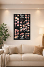 Pork Cuts Chart in a bright living room above a beige sofa.