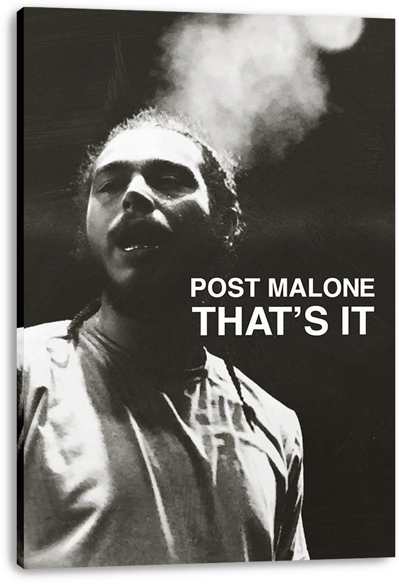 Post Malone canvas wall art print presents a black-and-white smoky portrait with large white "POST MALONE THAT'S IT" lettering.