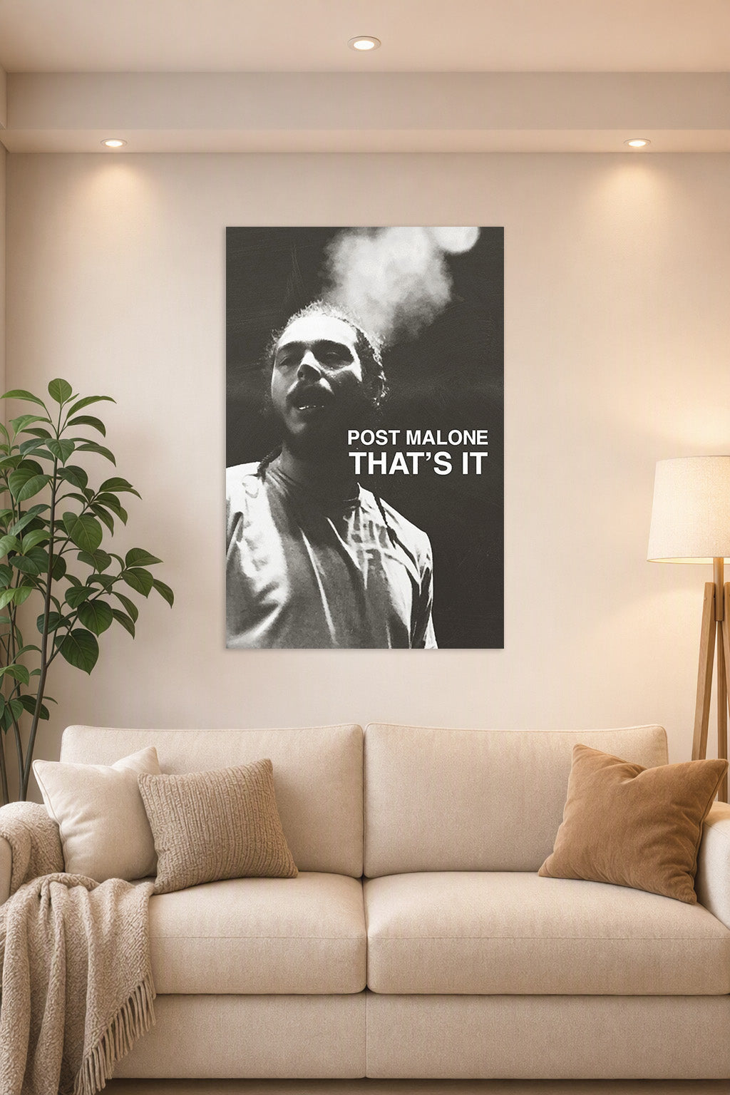 Post Malone in a bright living room above a beige sofa.