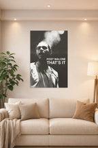 Post Malone in a bright living room above a beige sofa.