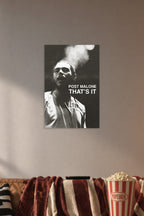 Post Malone in a cozy movie room above a brown sofa with popcorn.