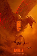 Rodan poster wall art print with the roaring winged monster above two aircraft in a smoky orange sky.