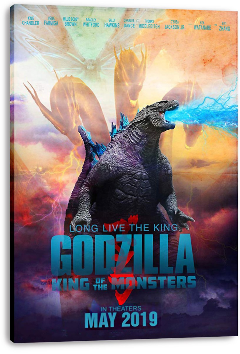 Godzilla King of the Monsters canvas wall art print with Godzilla firing blue energy amid towering monsters and lightning.