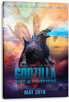 Godzilla King of the Monsters canvas wall art print with Godzilla firing blue energy amid towering monsters and lightning.
