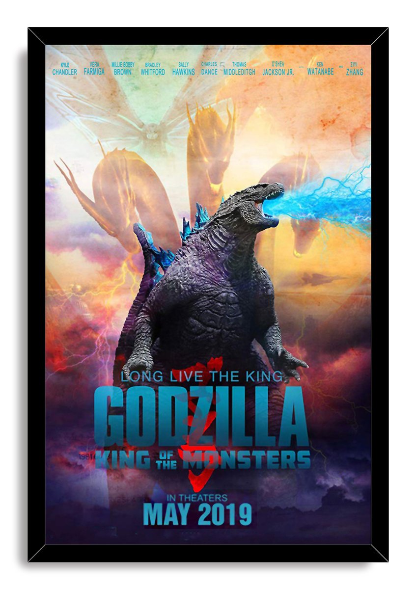 Godzilla King of the Monsters framed wall art print with a black border, Godzilla, blue energy, and a stormy monster scene.