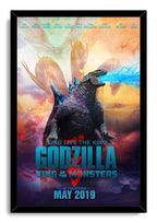 Godzilla King of the Monsters framed wall art print with a black border, Godzilla, blue energy, and a stormy monster scene.