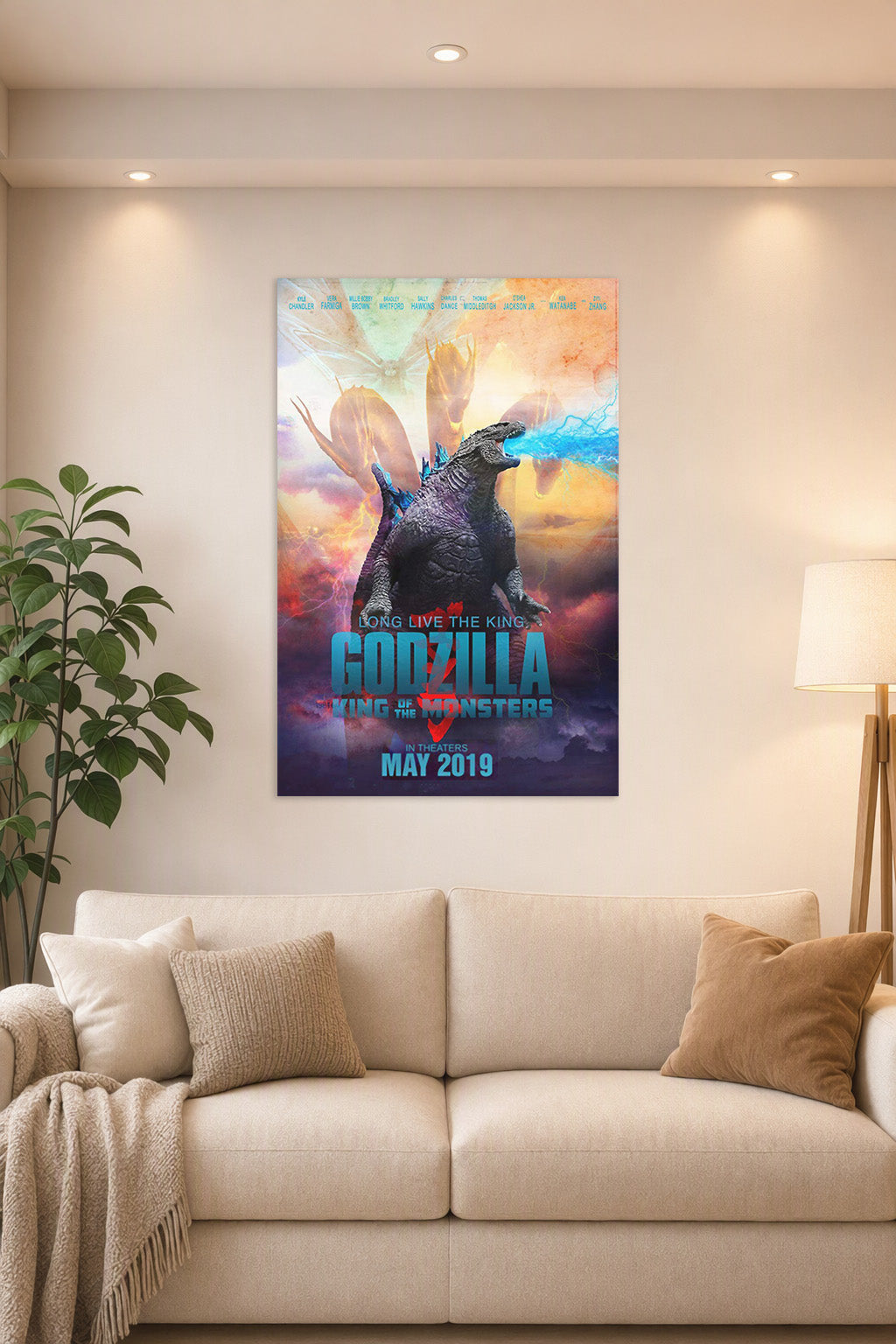 Poster Art 1 in a bright living room above a beige sofa.