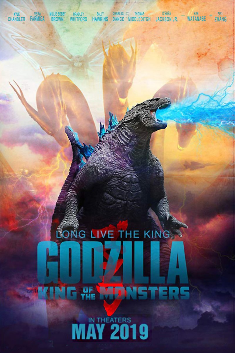 Godzilla King of the Monsters poster featuring Godzilla breathing blue energy before giant creatures and storm clouds.