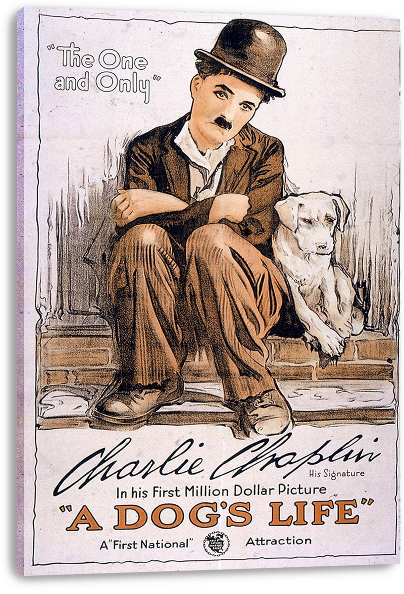 A Dog's Life canvas wall art depicts Charlie Chaplin in a dark bowler hat sitting with a white dog and bold orange title text.