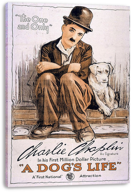 A Dog's Life canvas wall art depicts Charlie Chaplin in a dark bowler hat sitting with a white dog and bold orange title text.