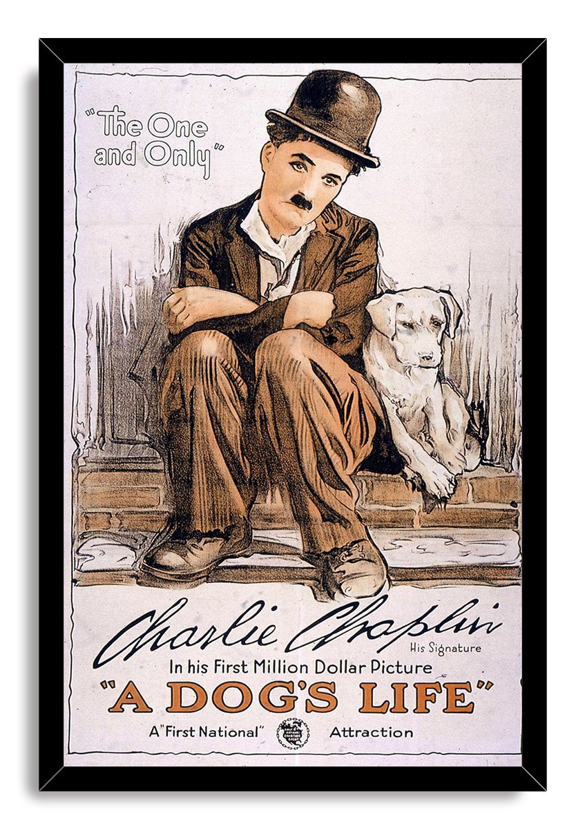 A Dog's Life framed poster presents Charlie Chaplin and a white dog on steps, bordered by a sleek black frame and vintage typography.