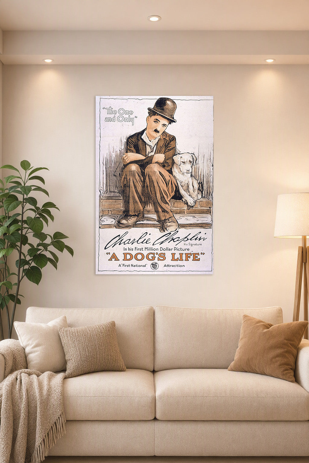 Poster Art B004UNUOHC in a bright living room above a beige sofa.