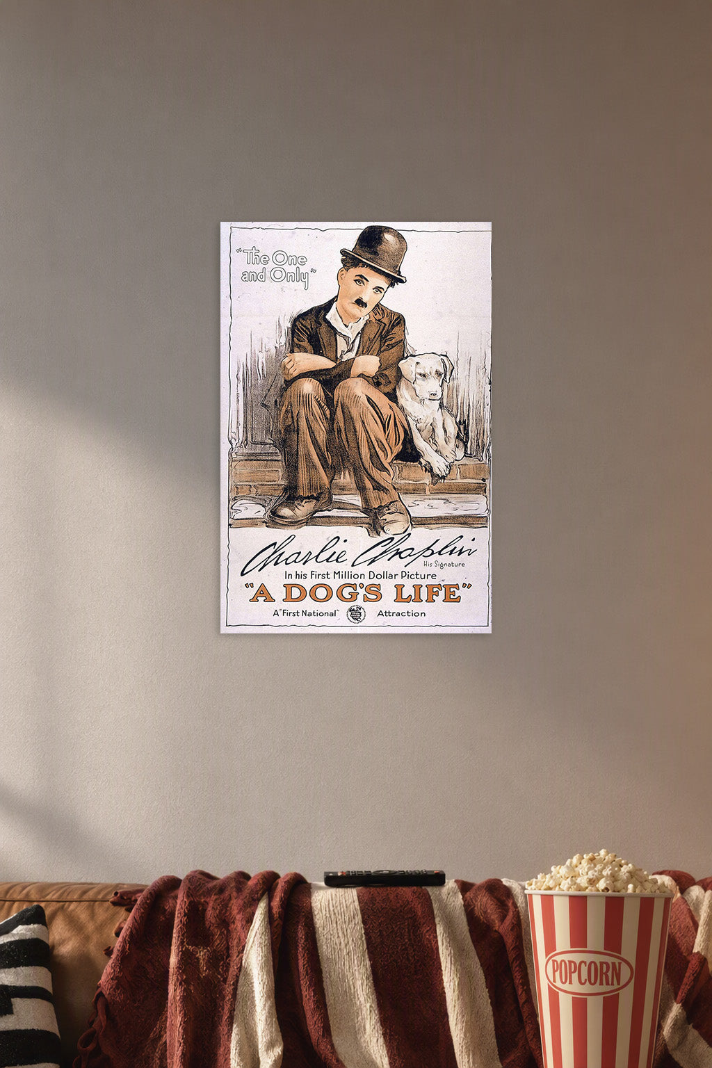 Poster Art B004UNUOHC in a cozy movie room above a brown sofa with popcorn.