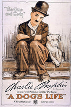 A Dog's Life poster wall art features Charlie Chaplin in a bowler hat seated beside a white dog, with vintage sepia lettering.