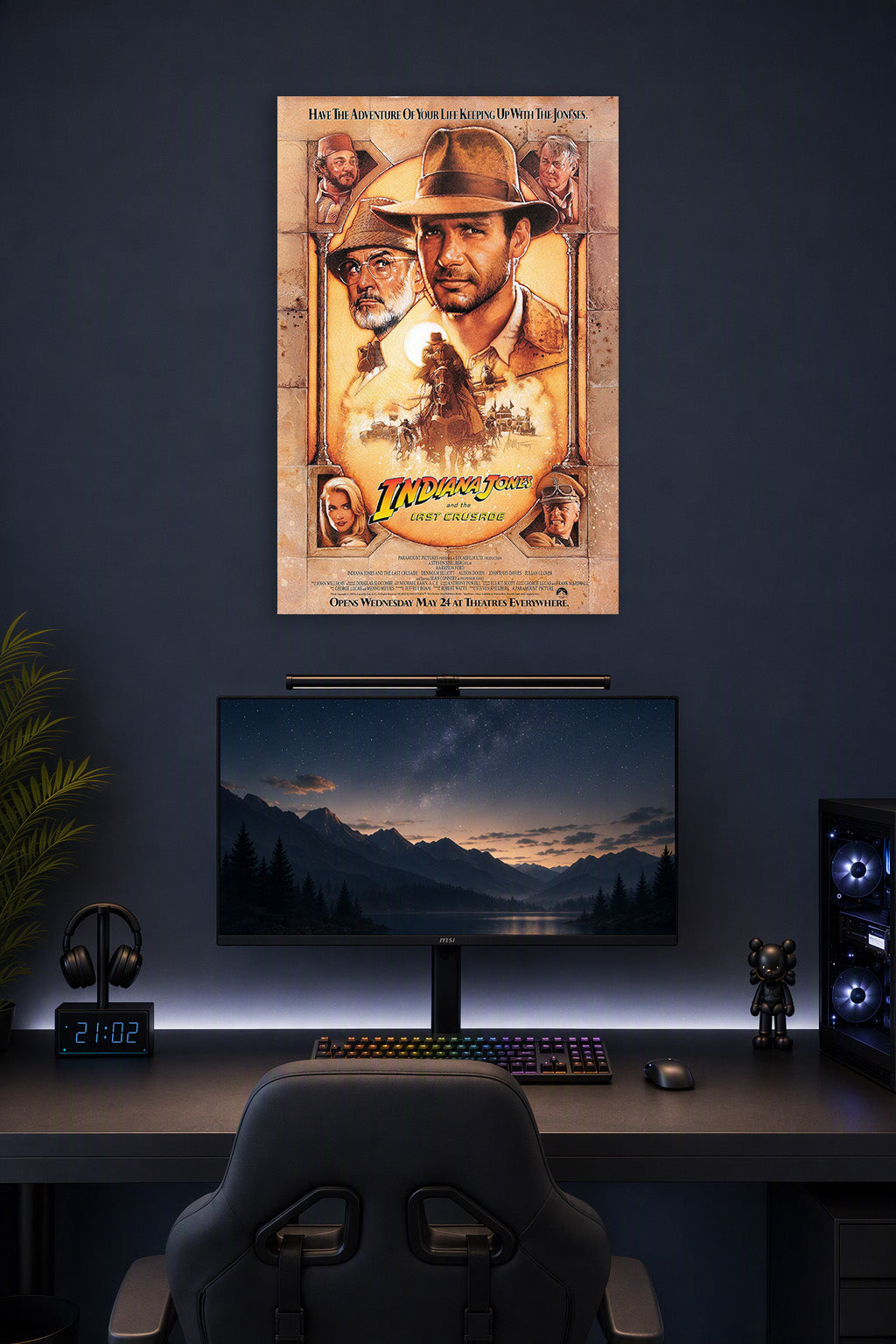 Poster Art B009FMDBZA in a gaming desk setup above a monitor.