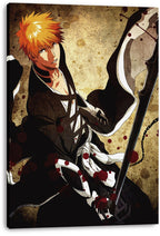 Canvas wall art print featuring an orange-haired anime warrior holding a long black sword amid flowing white fabric and dark red splatters.