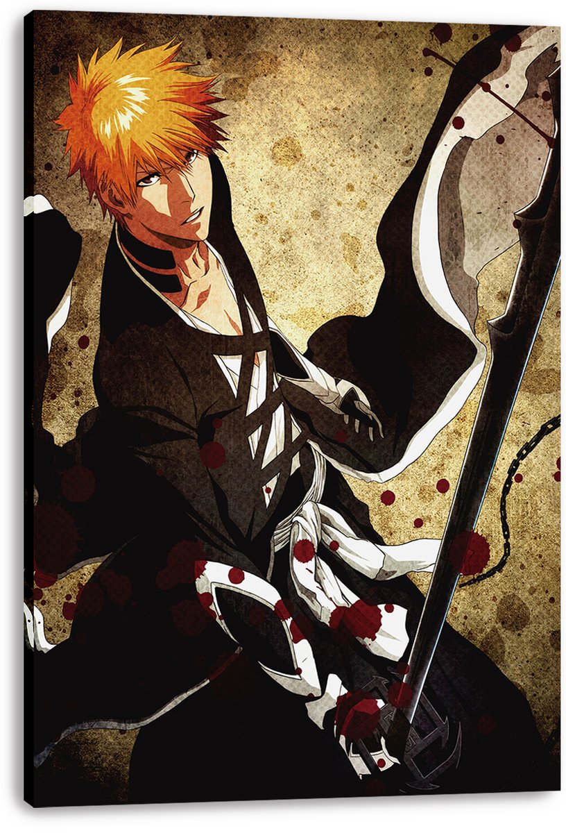 Canvas wall art print featuring an orange-haired anime warrior holding a long black sword amid flowing white fabric and dark red splatters.