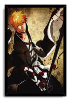 Framed wall art print of an orange-haired anime swordsman in layered black and white robes, set on a textured gold-brown backdrop.