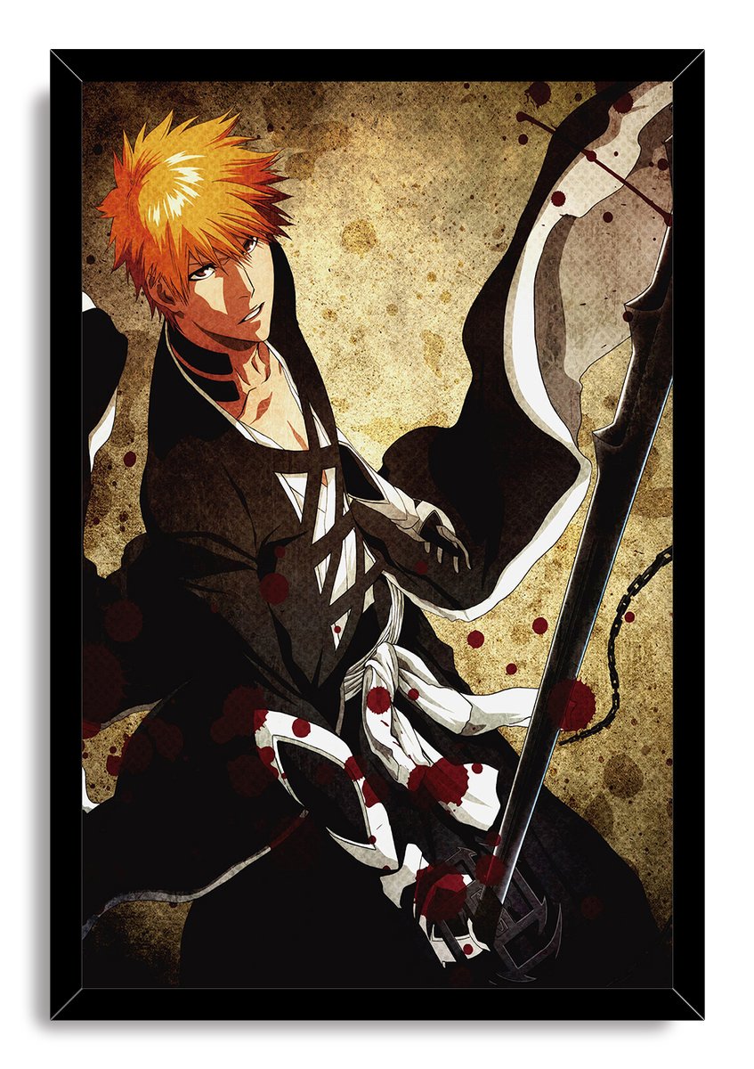 Framed wall art print of an orange-haired anime swordsman in layered black and white robes, set on a textured gold-brown backdrop.