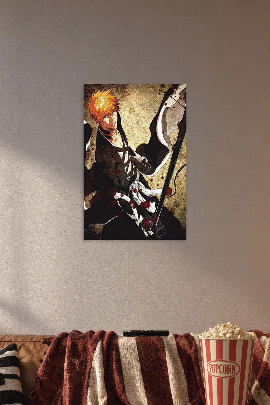 Poster Art B013UVOAB0 in a cozy movie room above a brown sofa with popcorn.