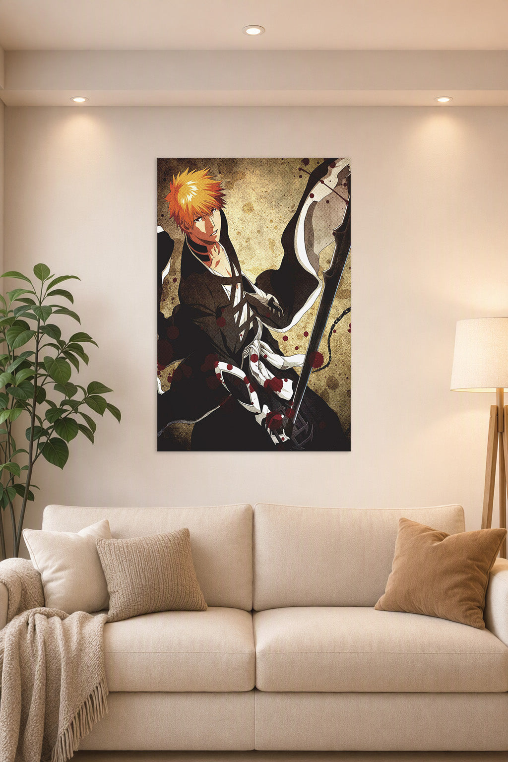 Poster Art B013UVOAB0 in a bright living room above a beige sofa.