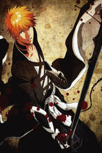 Anime wall art print of an orange-haired swordsman in a black robe against a distressed tan background with red splatters.