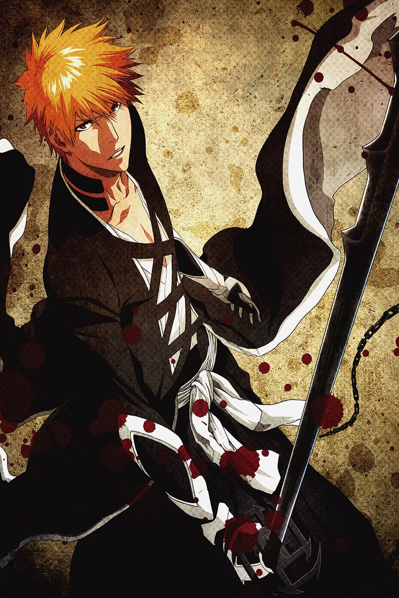Anime wall art print of an orange-haired swordsman in a black robe against a distressed tan background with red splatters.