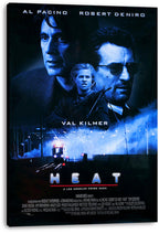 Heat movie poster canvas wall art with blue portraits of Al Pacino and Robert De Niro above Val Kilmer and a smoky train scene.