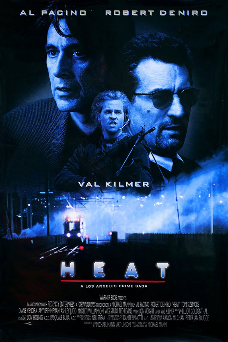 Heat movie poster wall art print in blue tones with Al Pacino, Robert De Niro, Val Kilmer, and a train at night.