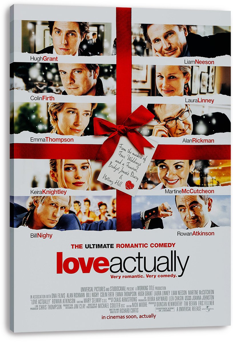 Love Actually canvas wall art print with actor portraits, red wrapping-ribbon design, central bow, and movie title below.