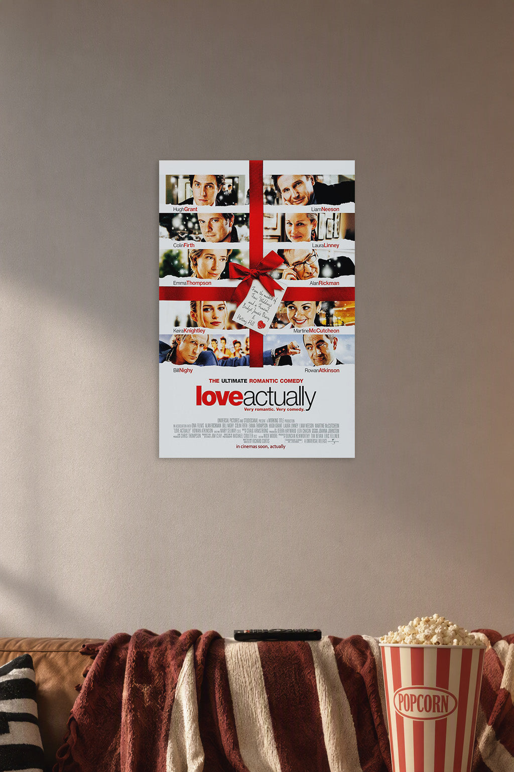 Poster Art B06XB4S4KR in a cozy movie room above a brown sofa with popcorn.