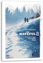 The Hateful 8 wall art print on a white canvas depicts a winter trail, dark figures, pine trees, and a cabin.