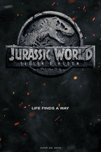 Jurassic World Fallen Kingdom wall art print featuring a weathered stone T. rex emblem against a dark smoky background with orange sparks.