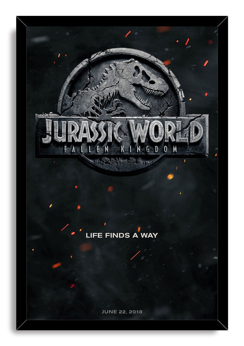 Framed Jurassic World Fallen Kingdom poster print with a cracked dinosaur skull logo, ember-filled darkness, tagline, and June 22, 2018 date.