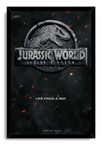 Framed Jurassic World Fallen Kingdom poster print with a cracked dinosaur skull logo, ember-filled darkness, tagline, and June 22, 2018 date.