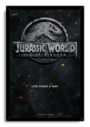 Framed Jurassic World Fallen Kingdom poster print with a cracked dinosaur skull logo, ember-filled darkness, tagline, and June 22, 2018 date.