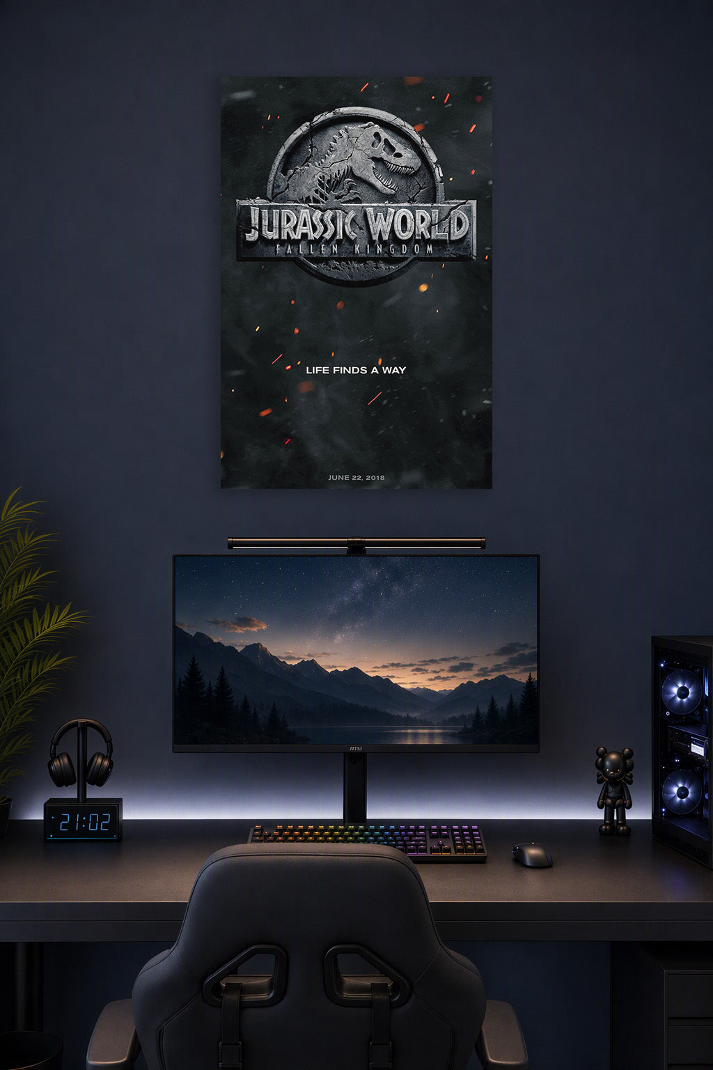 Poster Art B07CR3VYCQ in a gaming desk setup above a monitor.