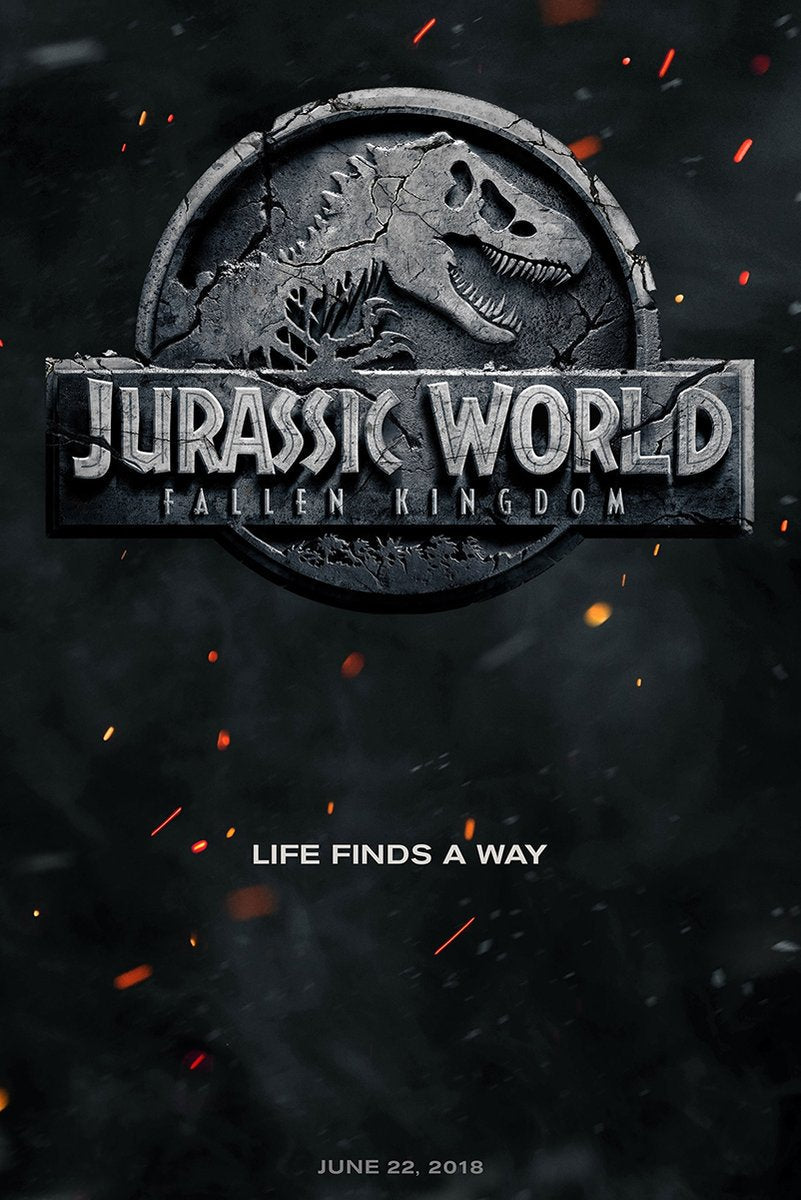Jurassic World Fallen Kingdom poster with a cracked gray dinosaur skull emblem, glowing embers, and Life Finds a Way text.