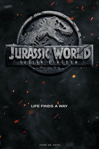 Jurassic World Fallen Kingdom poster with a cracked gray dinosaur skull emblem, glowing embers, and Life Finds a Way text.