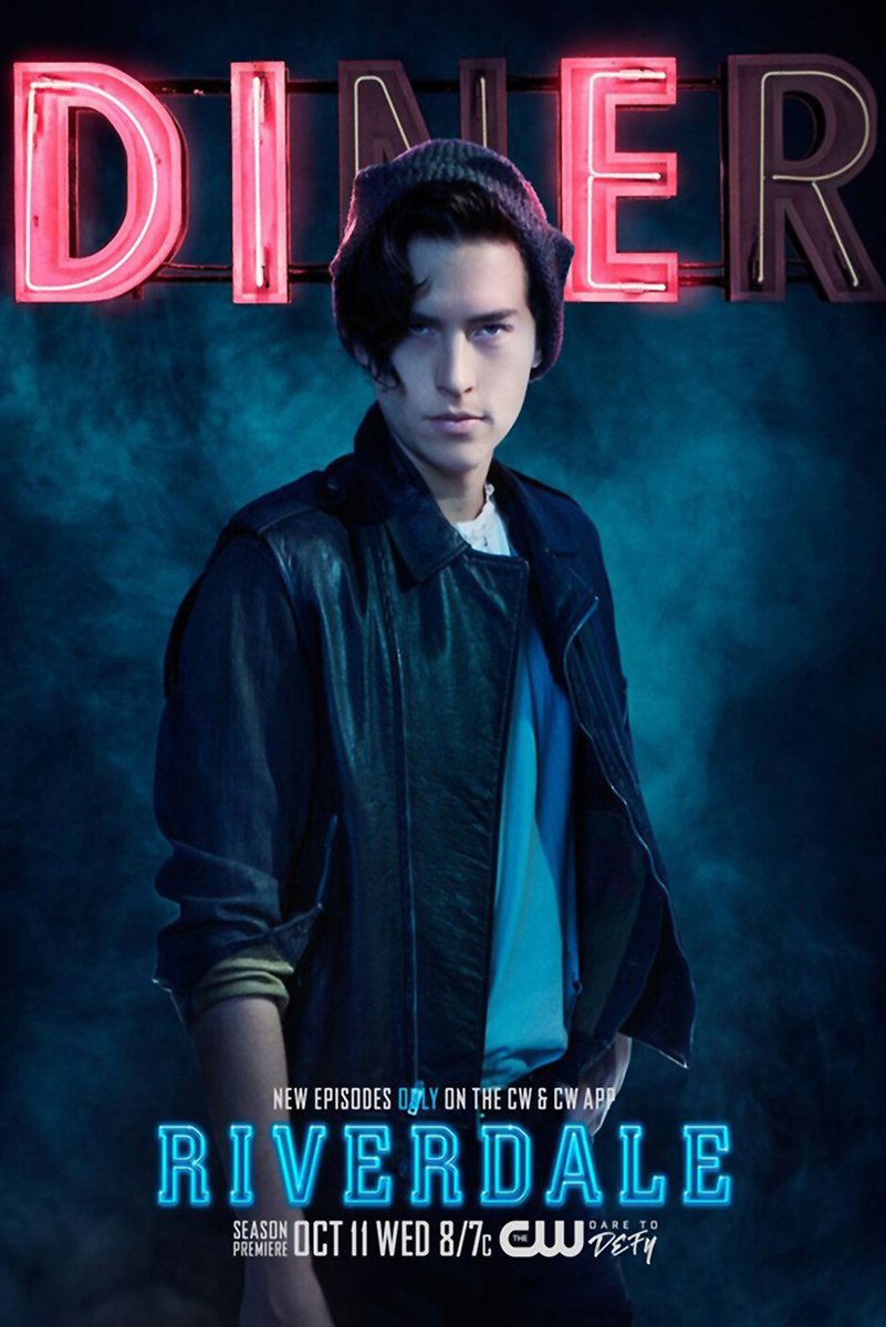 Riverdale wall art print with a brooding young man in a knit cap, neon diner sign, and bright blue series title text.