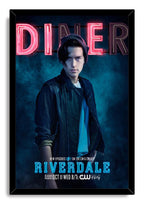 Riverdale framed poster print featuring a leather-jacketed young man under red DINER neon, presented in a black frame.