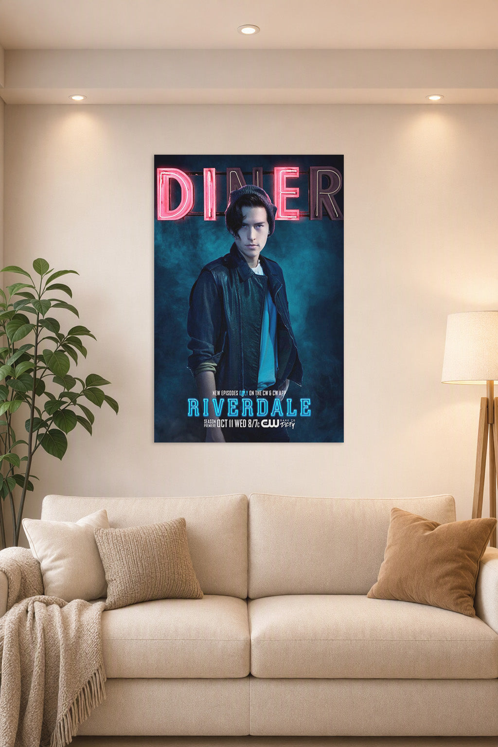 Poster Art B07CRDKFW3 in a bright living room above a beige sofa.