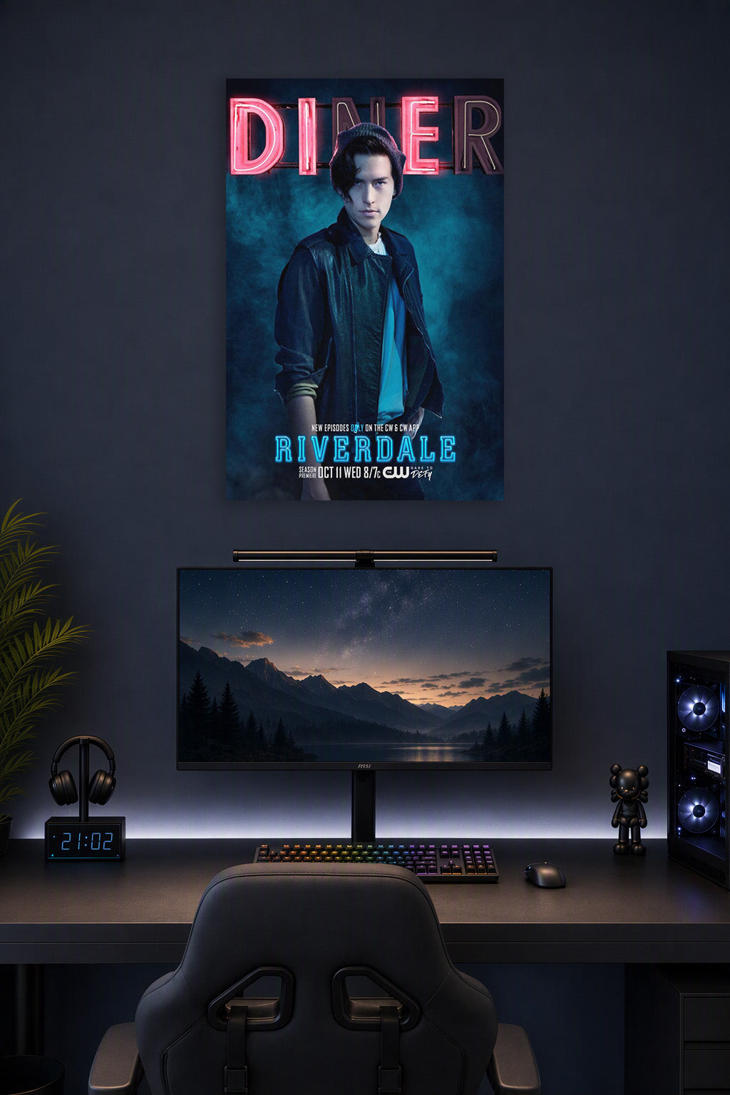 Poster Art B07CRDKFW3 in a gaming desk setup above a monitor.