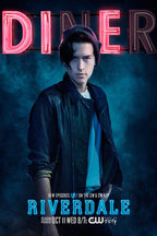 Riverdale poster featuring a young man in a dark leather jacket beneath glowing red DINER letters on a smoky blue background.