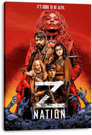 Z Nation canvas wall art print featuring a red and orange survivor collage, a large white Z, and blue hands rising from rubble.