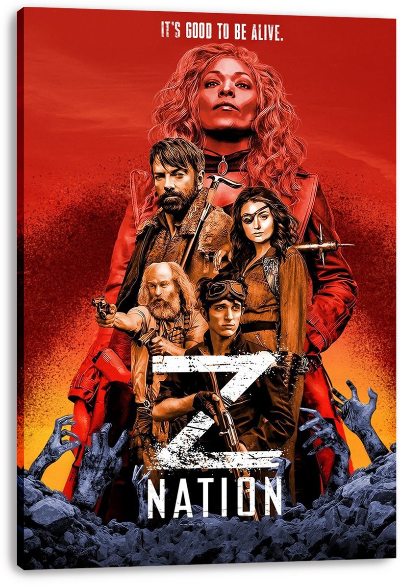 Z Nation canvas wall art print featuring a red and orange survivor collage, a large white Z, and blue hands rising from rubble.