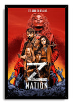 Z Nation framed wall art print with illustrated characters against a red sky, distressed white Z lettering, and dark blue hands.